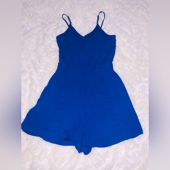 Express Royal/Cobalt Blue Faux Chiffon Wrap Cami Romper - Picture 2 of 6